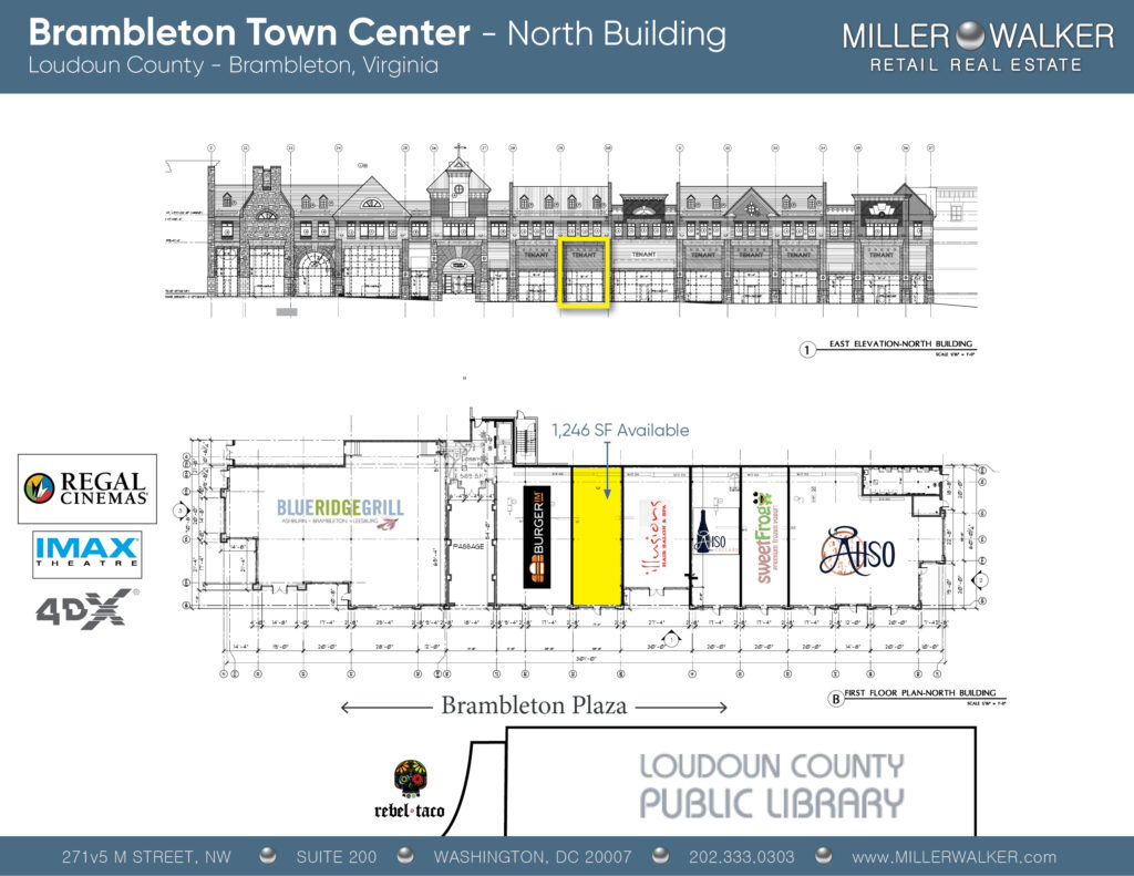 Brambleton Town Center Floor Plans North Building showing multiple retail restaurant spaces and properties for lease in Brambleton Virginia
