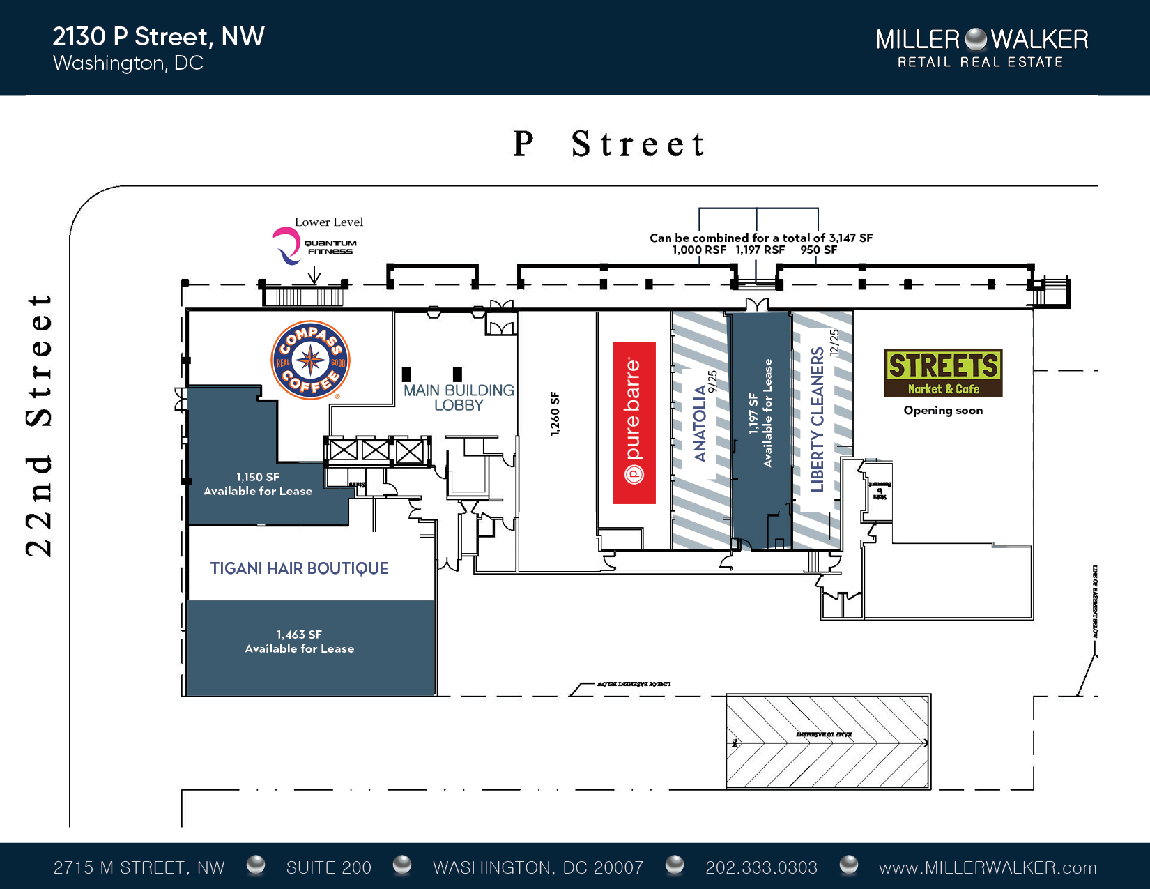 Retail site plan for 2130 P Street NW showing available space near Compass Coffee and Streets Market