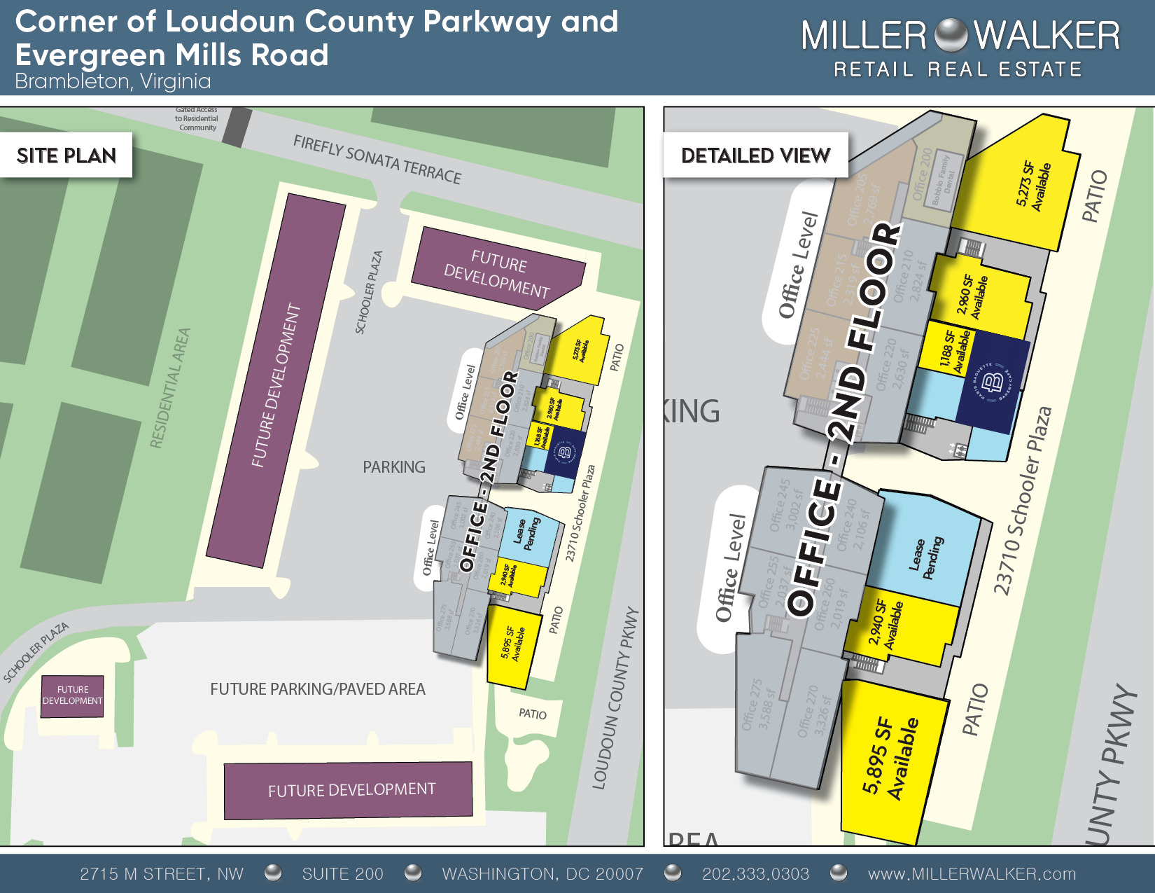 Site plan for Bram Quarter in Brambleton, Virginia showing available retail and office spaces at the corner of Loudoun County Parkway and Evergreen Mills Road with future development areas and patio access