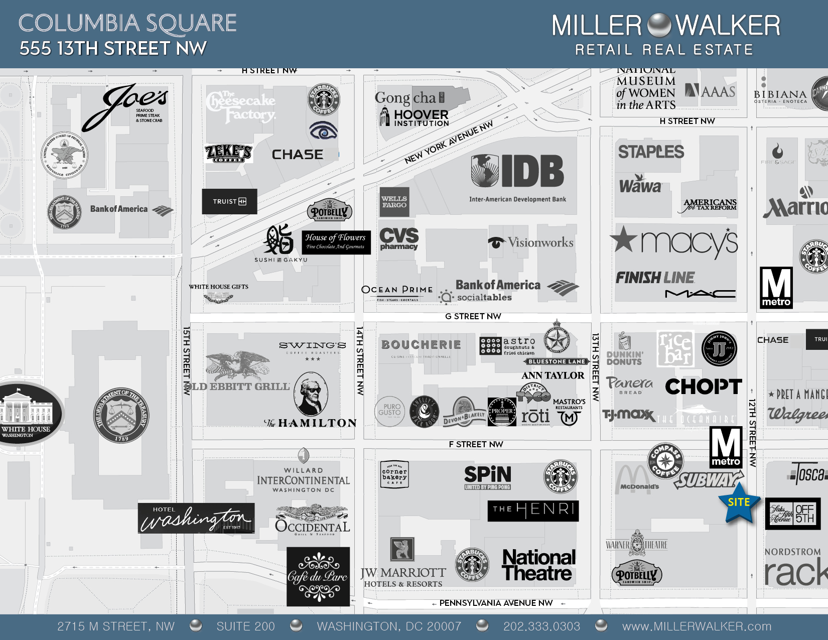 Map highlighting retail landmarks and businesses near 555 13th Street NW, Washington, DC, including prominent establishments like The Hamilton, Old Ebbitt Grill, and CityCenterDC.