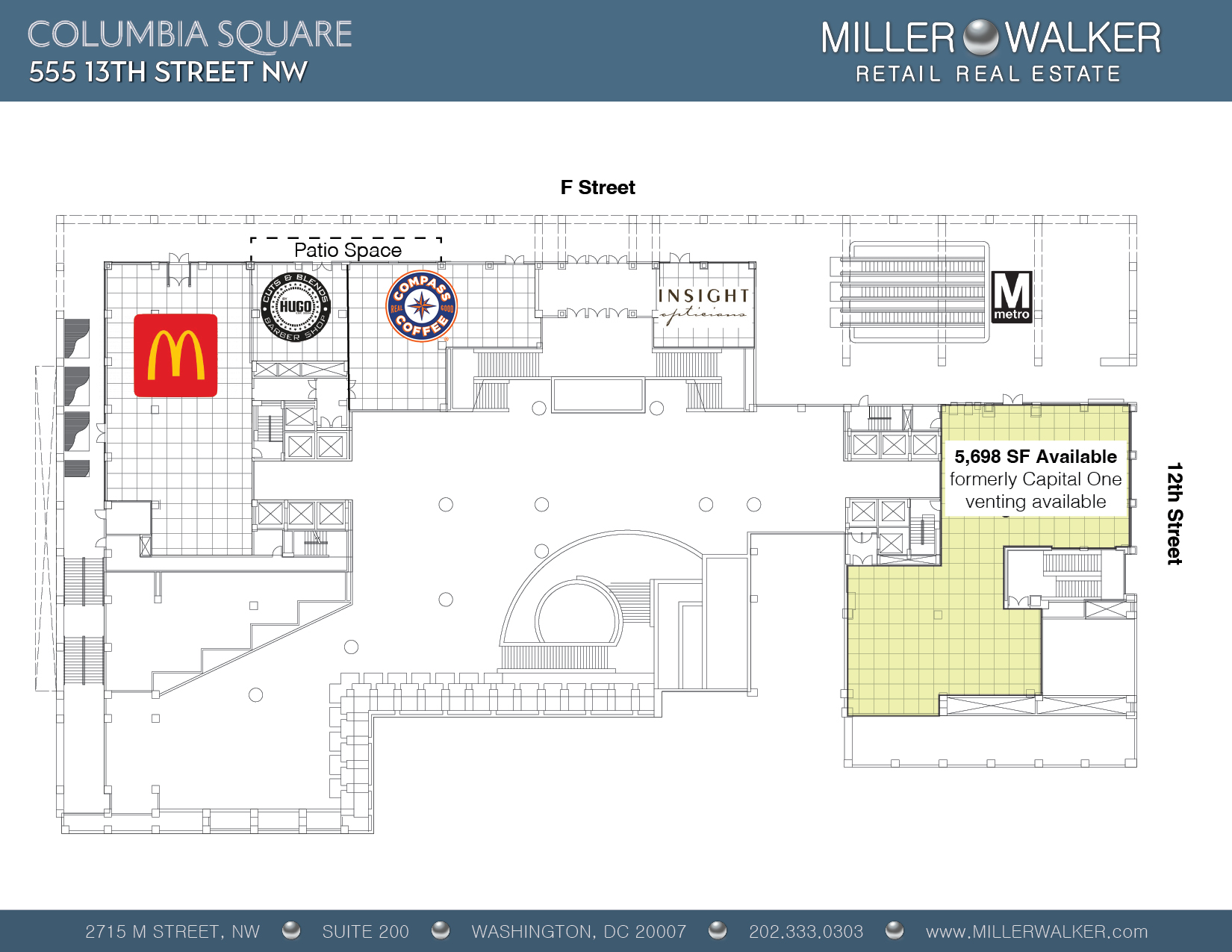 Floor plan of Columbia Square retail level at 555 13th Street NW in Washington, DC, showing retail tenants including McDonald’s, Compass Coffee, The Hugo, and Insight Opticians, with a 5,698 SF space available formerly occupied by Capital One. Map includes patio space, F Street and 12th Street frontage, and proximity to Metro entrance.