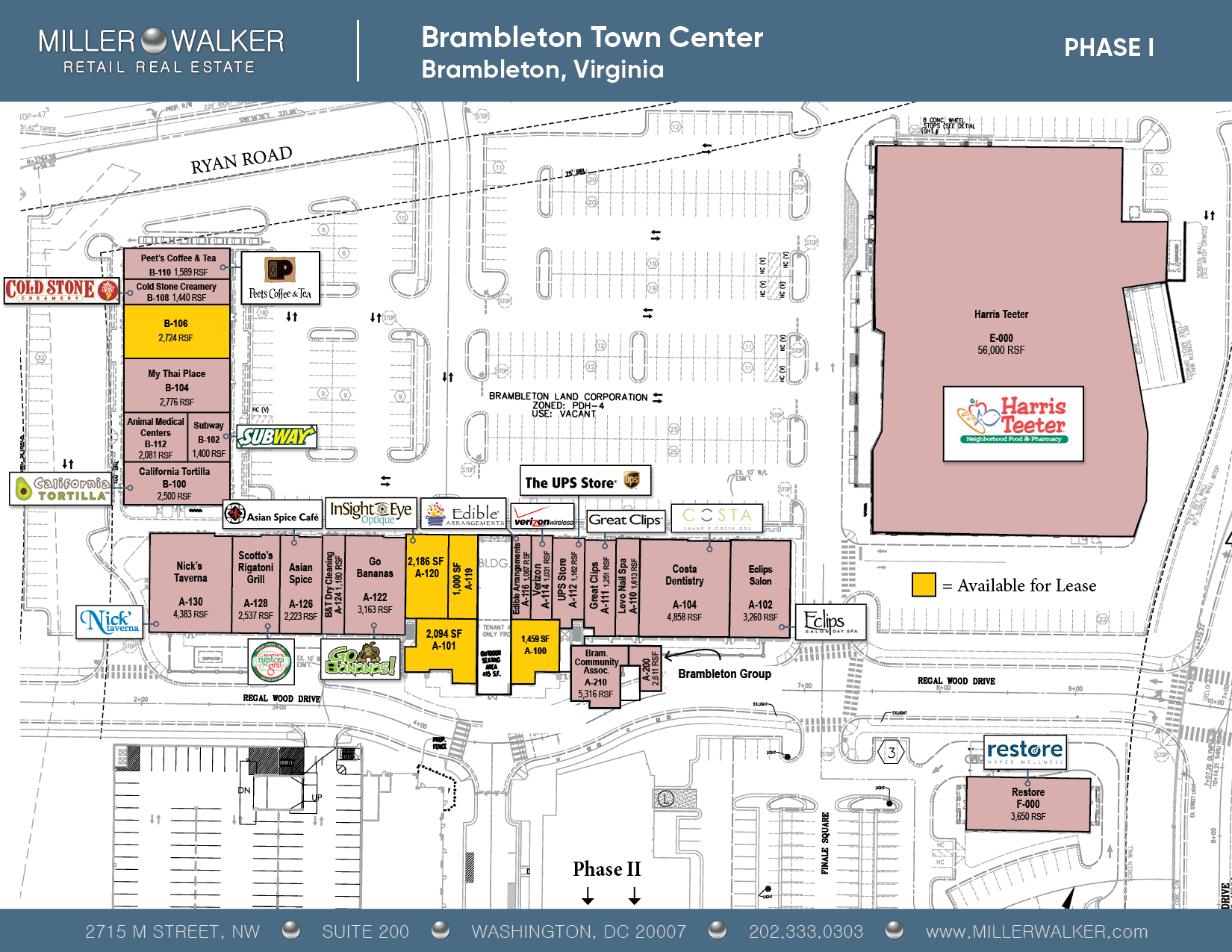 Floor plan of Brambleton Town Center Phase I, highlighting retail and dining locations such as Harris Teeter, Peet's Coffee, Cold Stone, Subway, Nick's Taverna, and various service providers, with leasing space available.