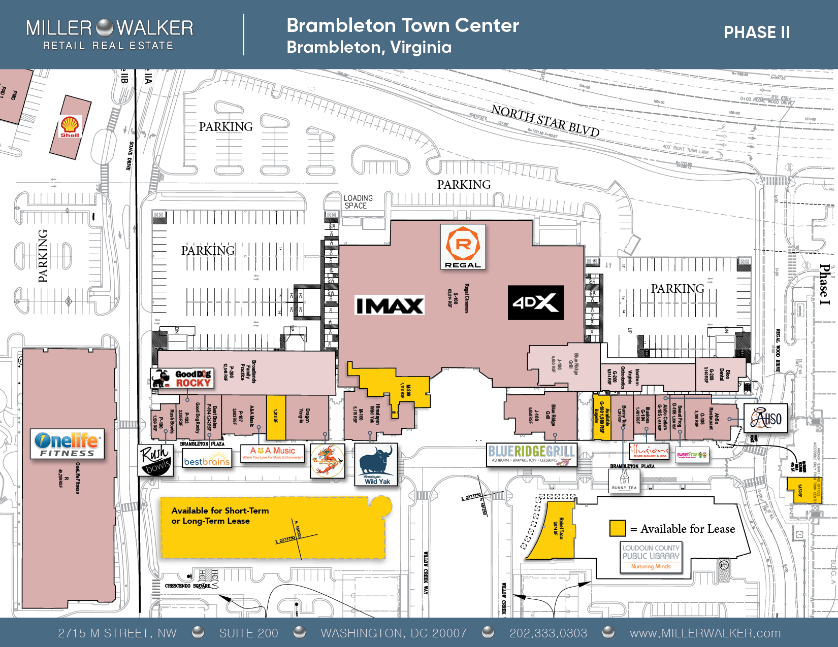 Detailed floor plan of Brambleton Town Center Phase II, featuring retail spaces like IMAX, 4DX Regal Cinema, Good Dog Rocky, OneLife Fitness, and more, with available leasing options marked.