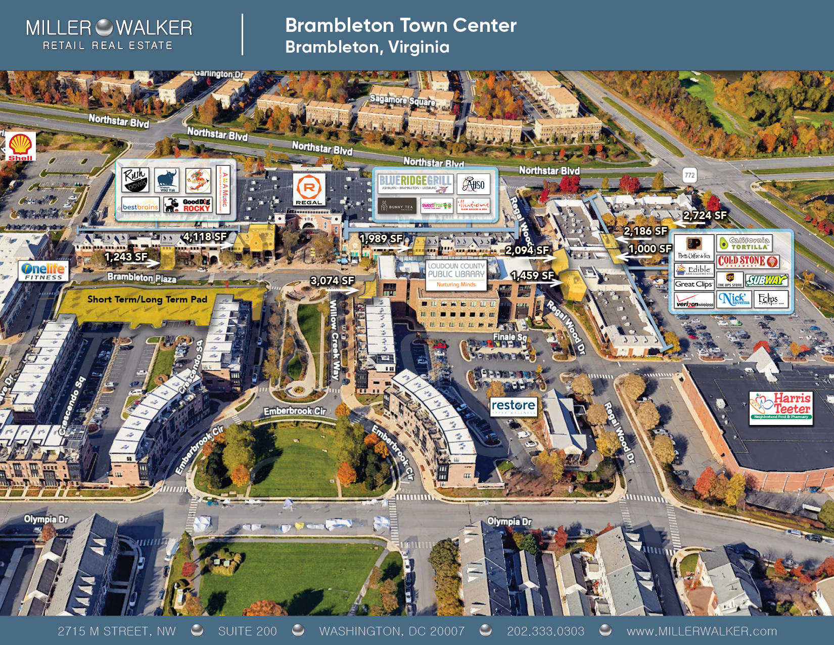 Aerial map showcasing Brambleton Town Center in Brambleton, Virginia, with various retail stores, restaurants, and fitness centers highlighted, including Regal Cinemas, Harris Teeter, OneLife Fitness, and more.
