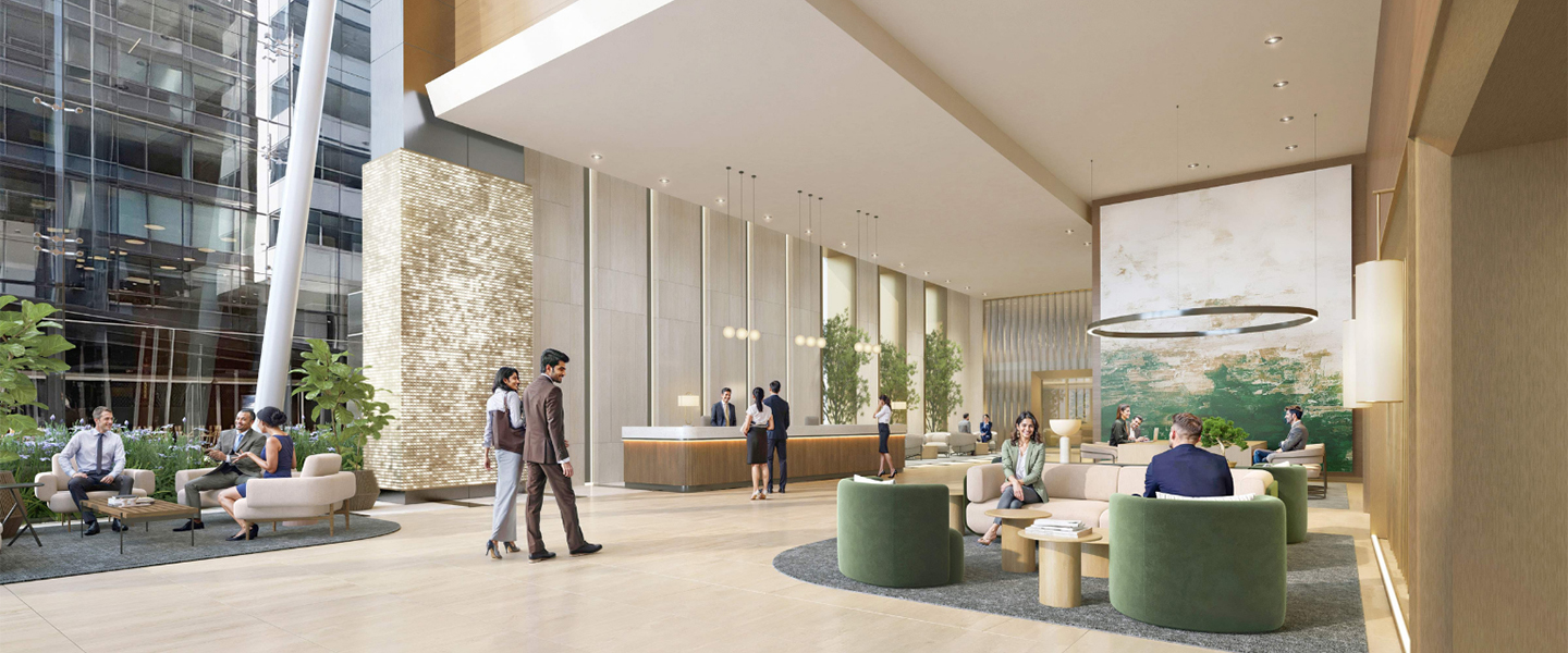 Modern lobby rendering at 1152 15th Street NW in Washington DC showing adjacent coffee shop opportunity