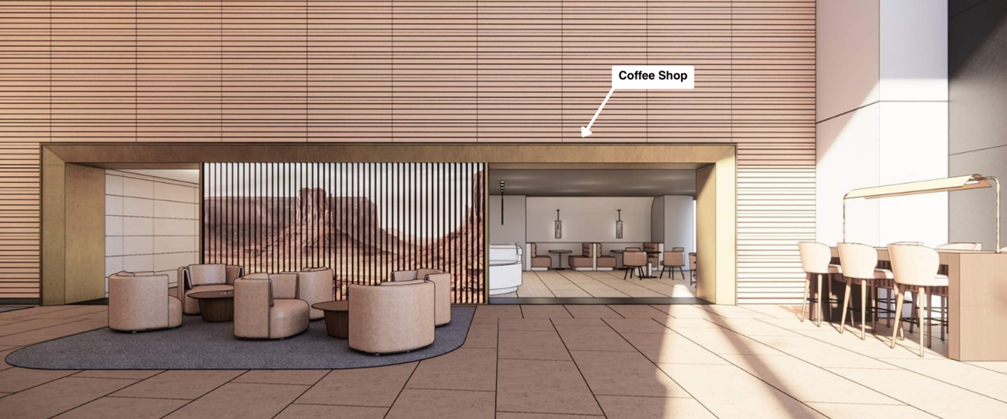 Coffee shop entry rendering at 1152 15th Street NW in Washington DC showing lobby-facing entrance