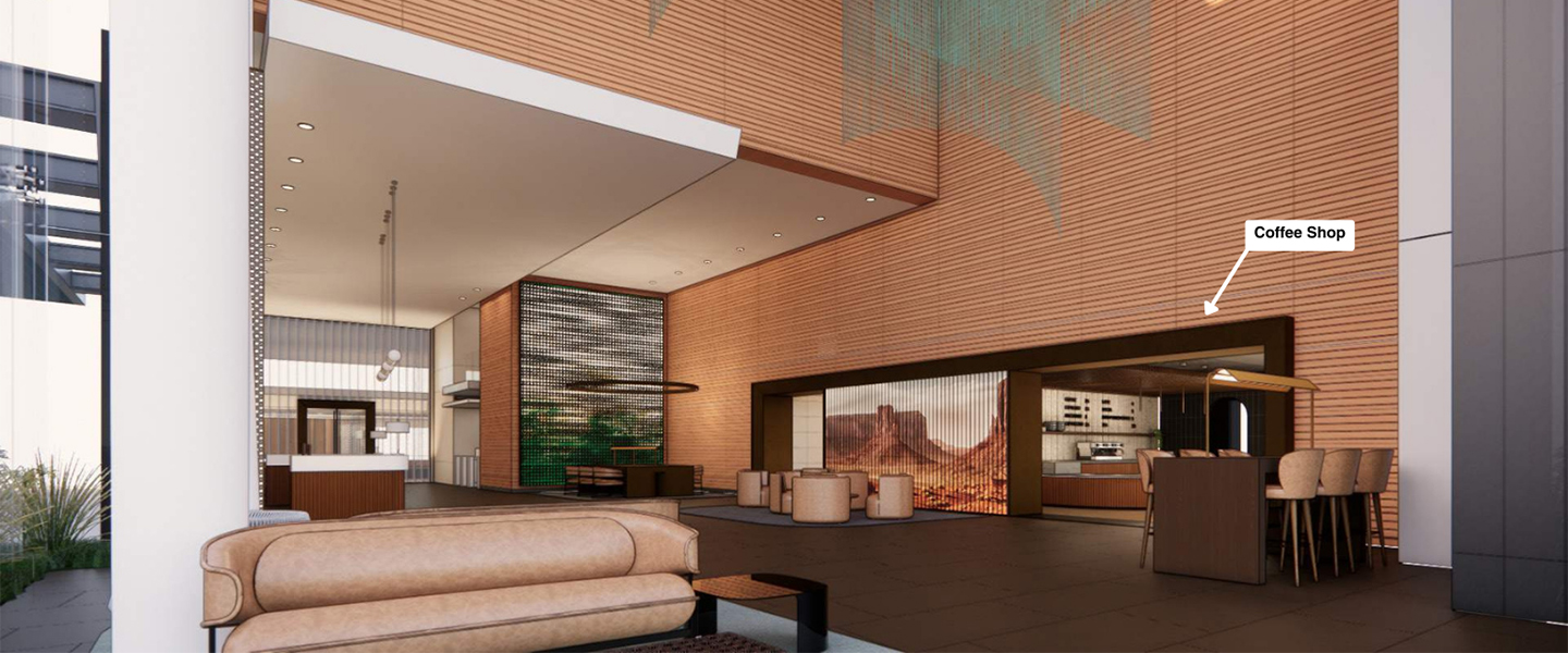 Interior rendering showing coffee shop location within the lobby at 1152 15th Street NW in Washington DC