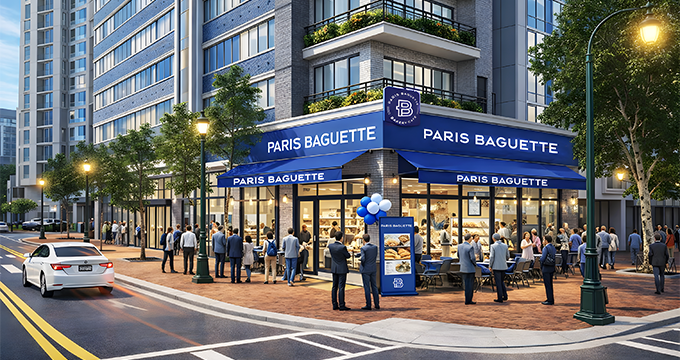 Retail storefront at The Guardian Building in Bethesda, Maryland, featuring Paris Baguette at street level.