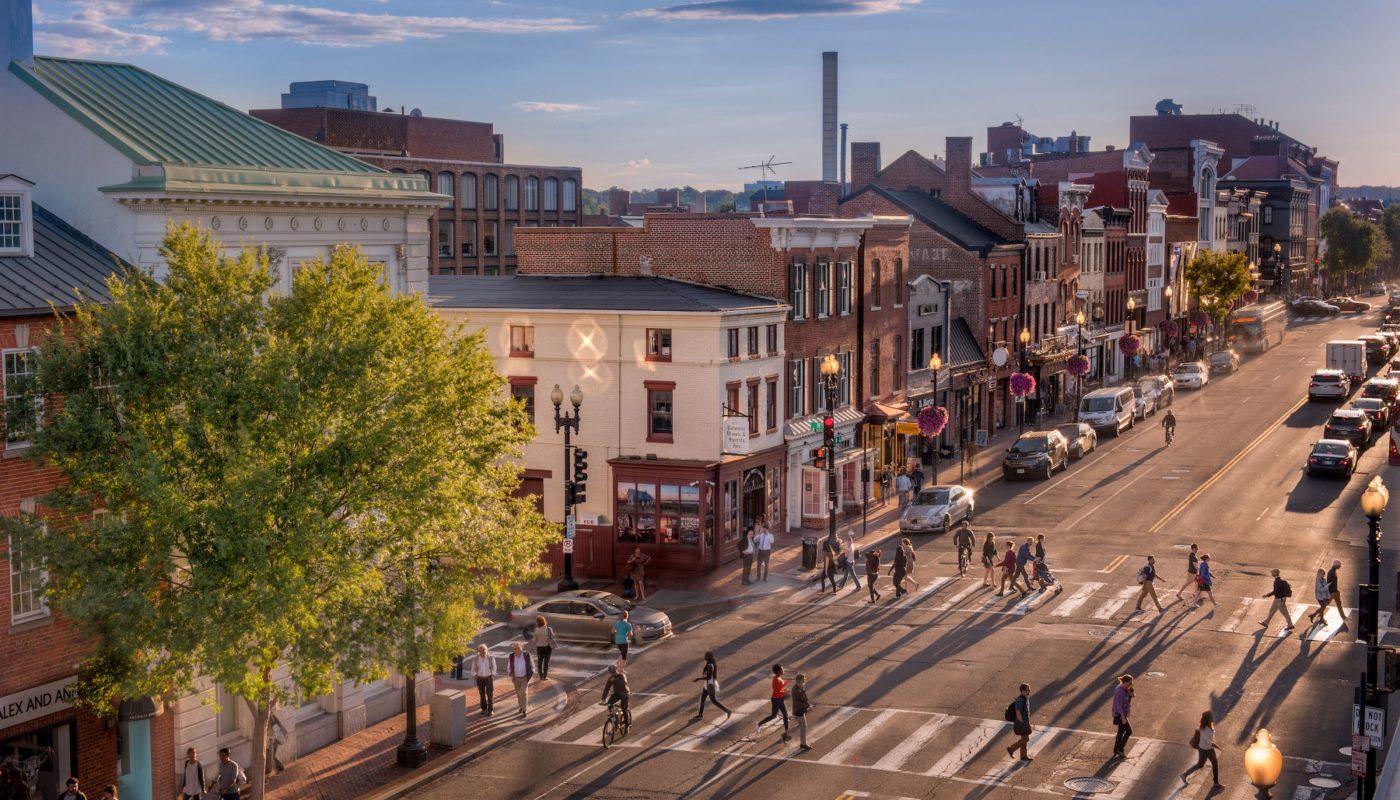Historic storefronts along a Georgetown retail street in Washington, DC