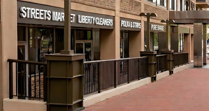Retail storefront at 2130 P Street SW in Washington, DC featuring Streets Market and neighboring ground-floor retail spaces