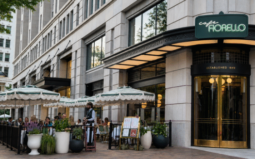 Café Fiorello storefront and outdoor seating at 1001 Pennsylvania Avenue NW in Washington, DC