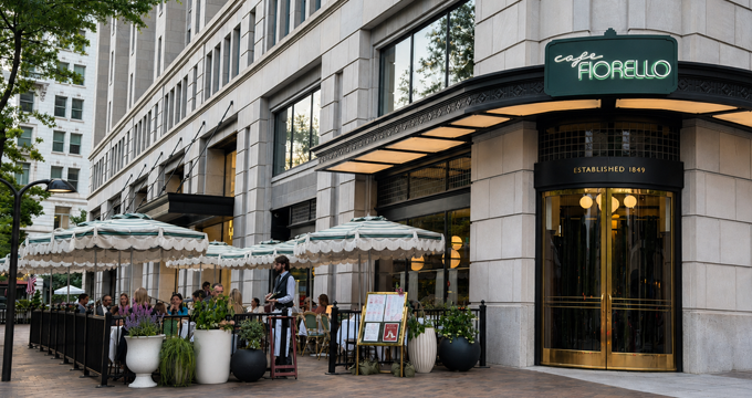 Café Fiorello storefront and outdoor seating at 1001 Pennsylvania Avenue NW in Washington, DC