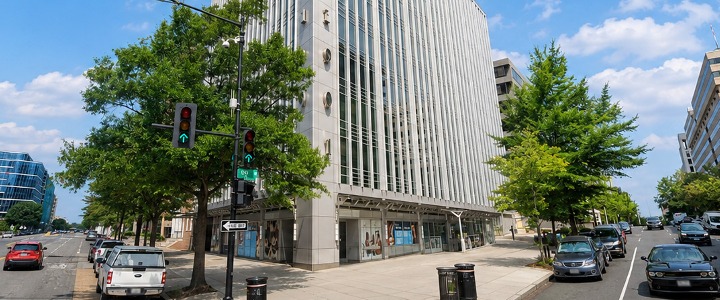 Exterior corner view of the retail space at 1901 Pennsylvania Avenue NW in Washington, DC