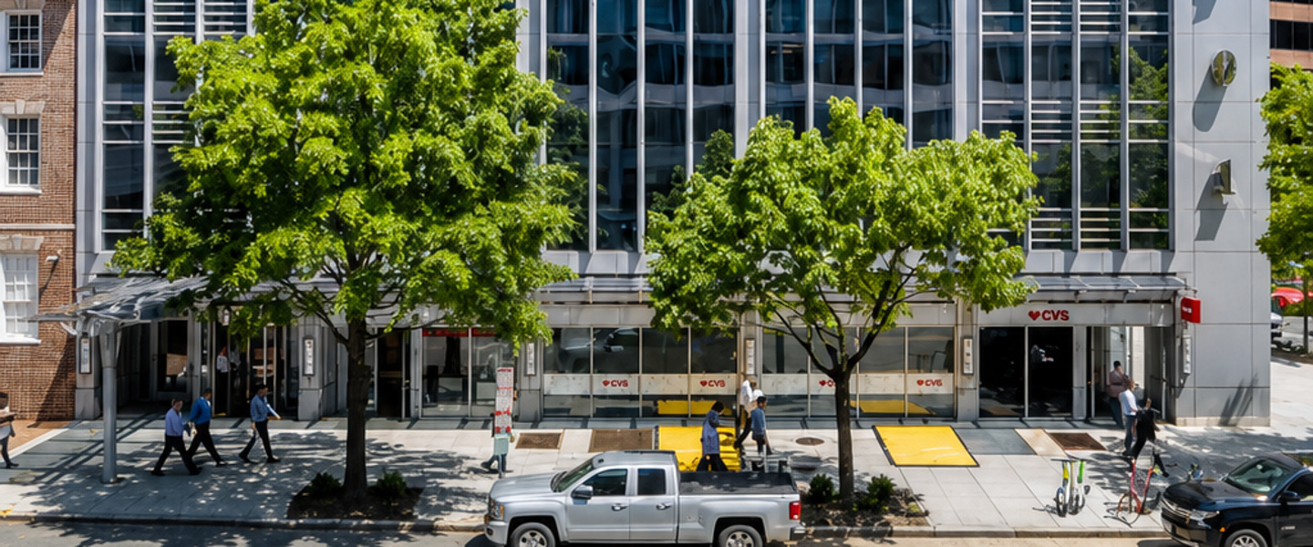 Street-level retail frontage at 1901 Pennsylvania Avenue NW in Washington, DC