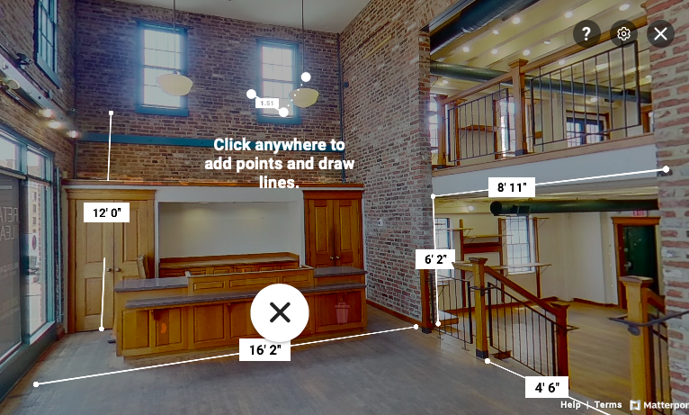 Matterport 3D virtual tour showing retail space measurements for a Miller Walker property
