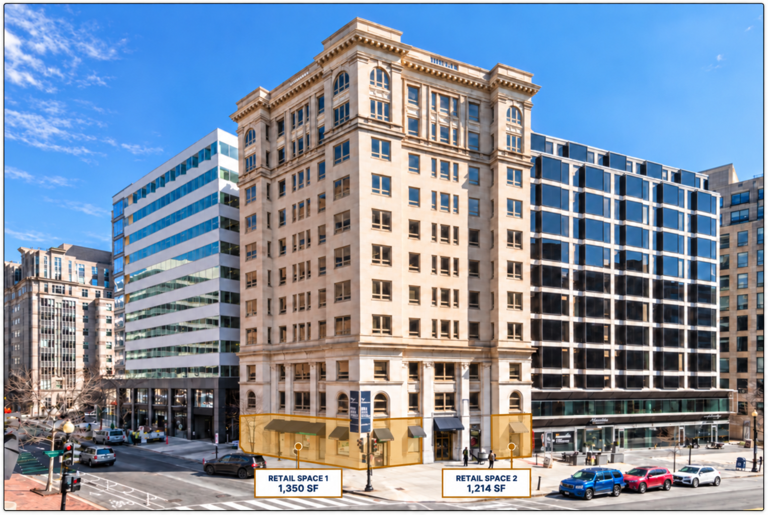Retail storefronts at 1029 Vermont Avenue NW in Washington, DC, highlighted in amber, with the building entrance unshaded.