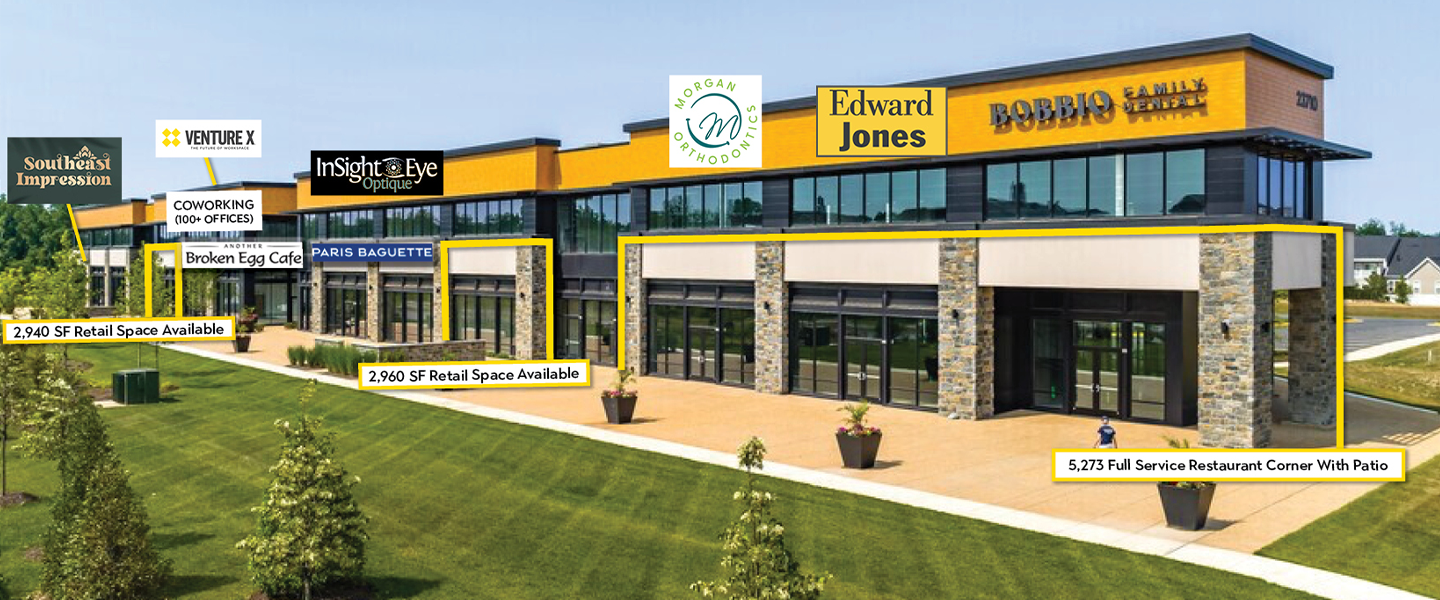 Retail storefronts and outdoor walkways at Bram Quarter in Brambleton, Virginia